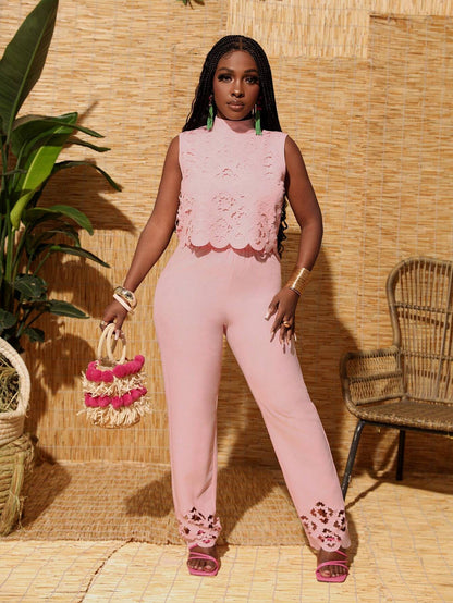 Patterned high collar cropped top and hem pants set