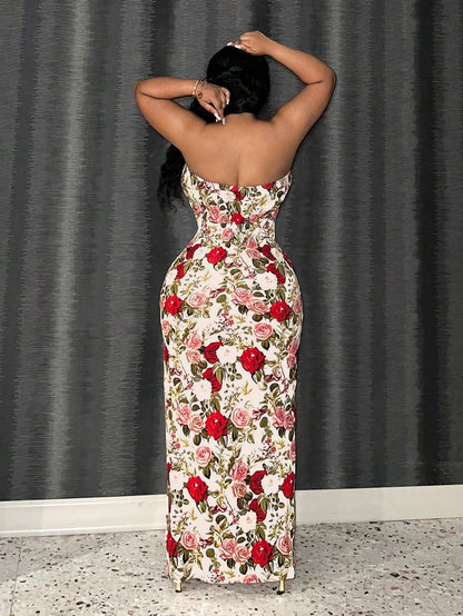 Plus-size rose design bodycon dress