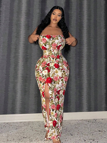Plus-size rose design bodycon dress