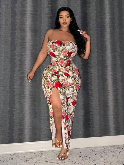 Plus-size rose design bodycon dress