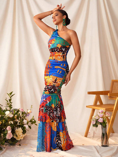 Colourful sheer multilayered maxi dress