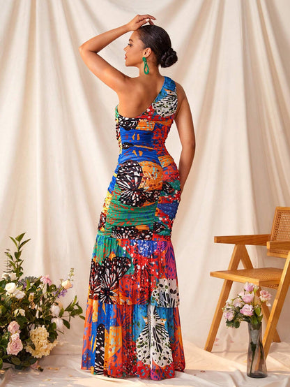 Colourful sheer multilayered maxi dress