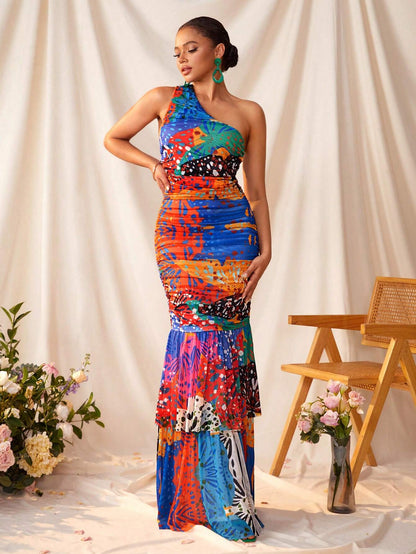 Colourful sheer multilayered maxi dress