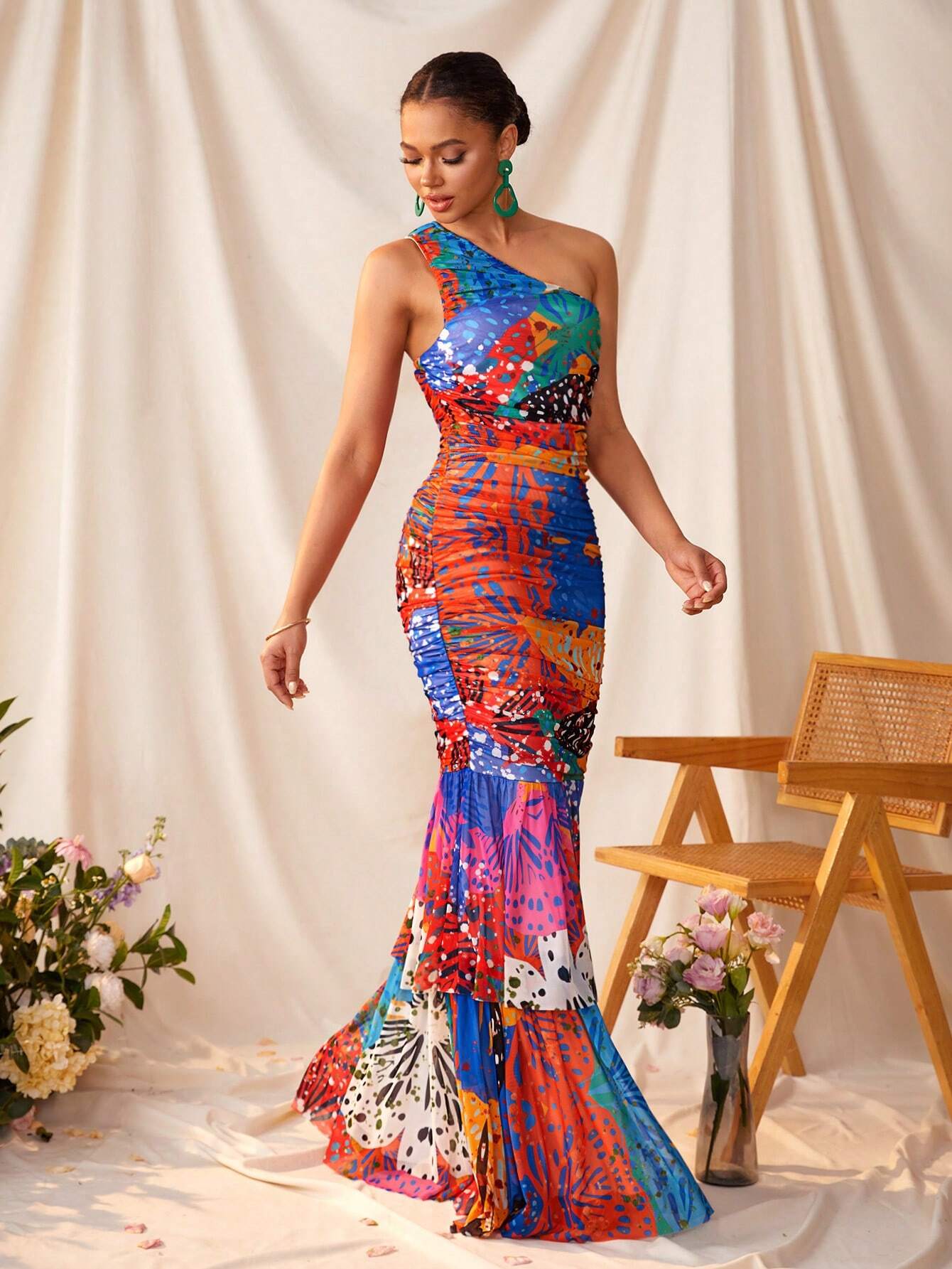 Colourful sheer multilayered maxi dress