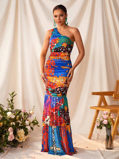 Colourful sheer multilayered maxi dress