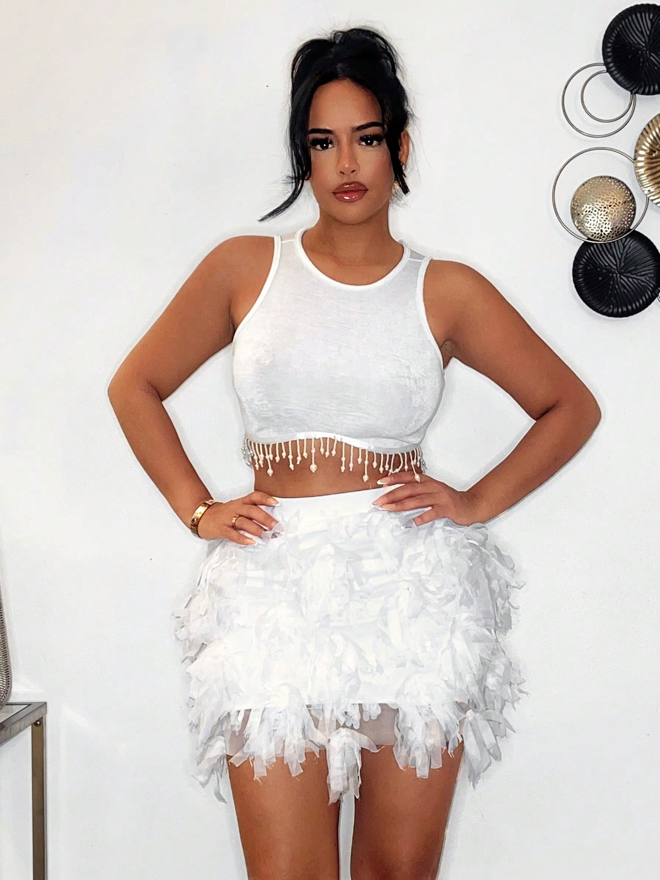 Feathered fringe mini skirt set