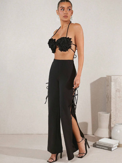 Floral decor top and belted split pants set