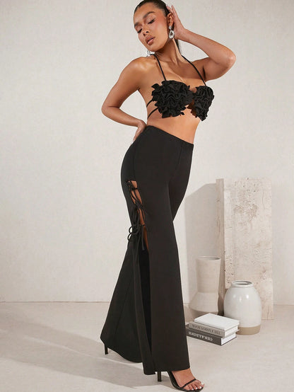Floral decor top and belted split pants set