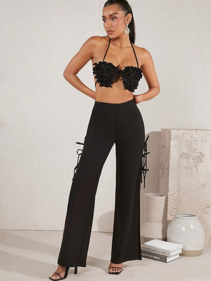 Floral decor top and belted split pants set