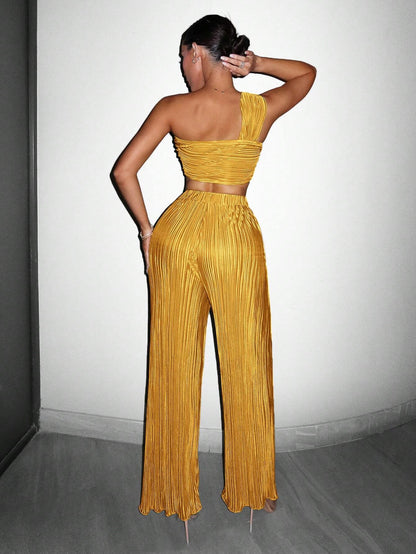 One shoulder pleated top and pleated pants set