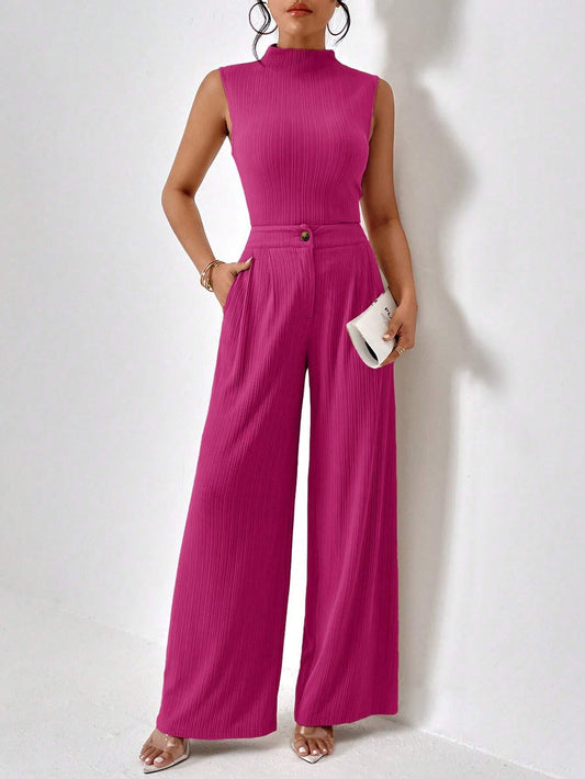 Turtle neck slim fit top and wide leg pants set