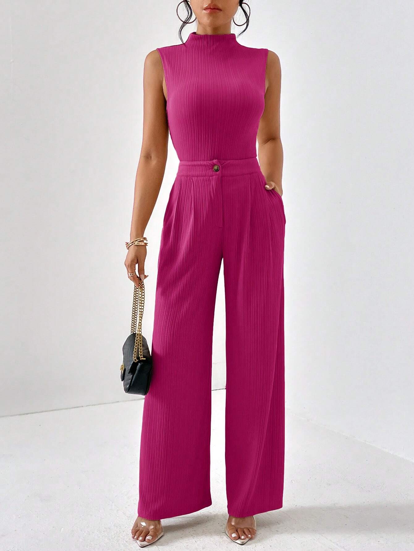 Turtle neck slim fit top and wide leg pants set