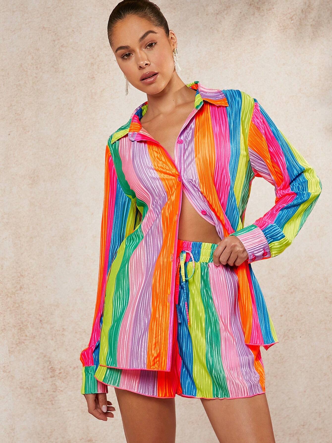 Rainbow stripes shirt and shorts set