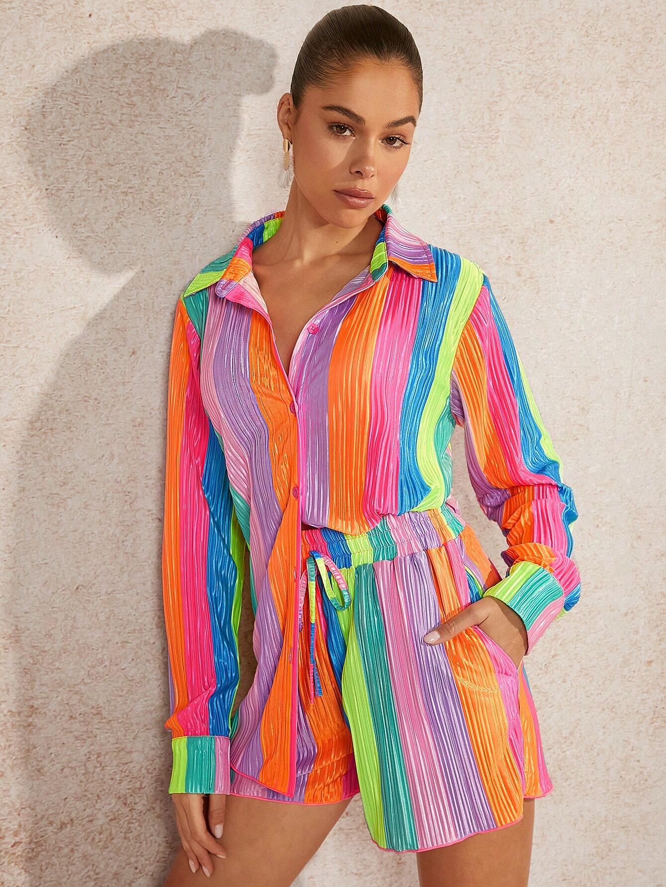 Rainbow stripes shirt and shorts set