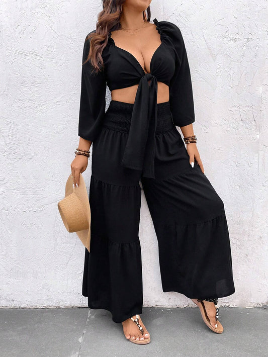 Plus size front knot top and pants set