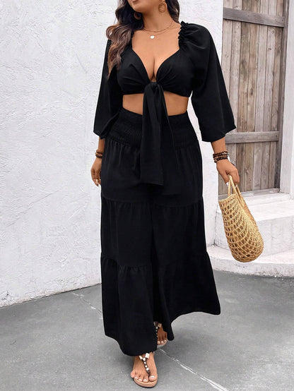 Plus size front knot top and pants set