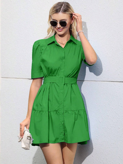 Ruffle hem belted shirt dress