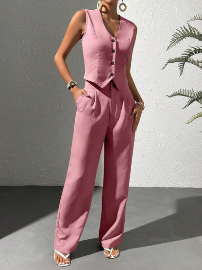 Two piece suit with vest and straight leg pants