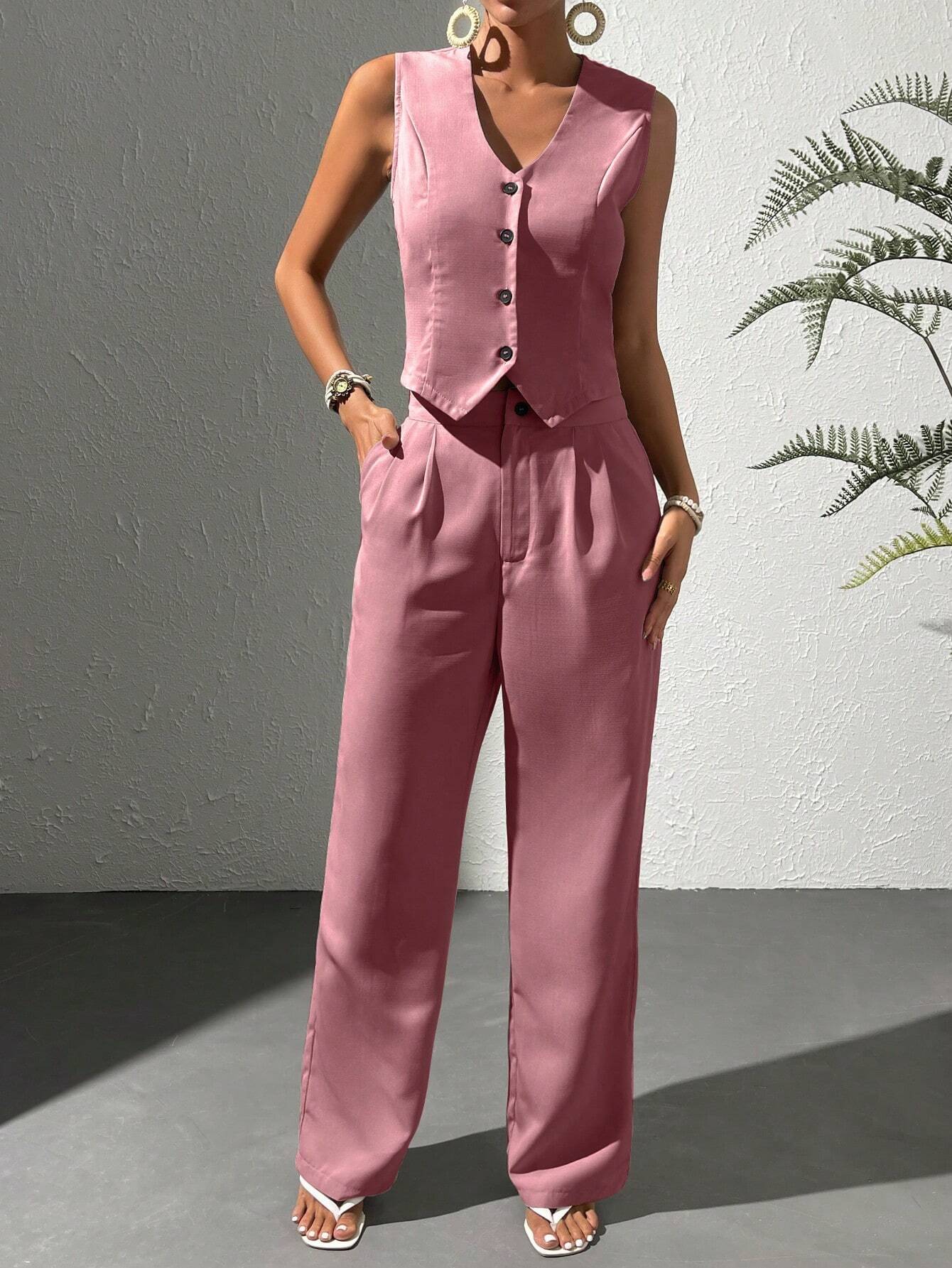 Two piece suit with vest and straight leg pants