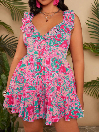 Plus size printed ruffle jumpsuit