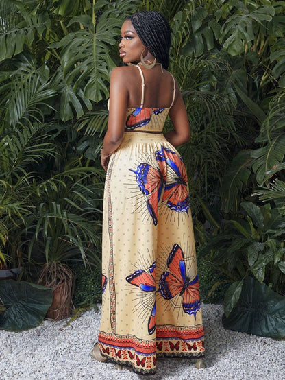 Butterfly print two piece wide leg pants set