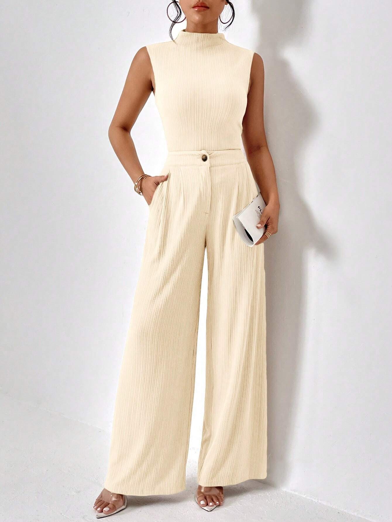 Turtle neck slim fit top and wide leg pants set