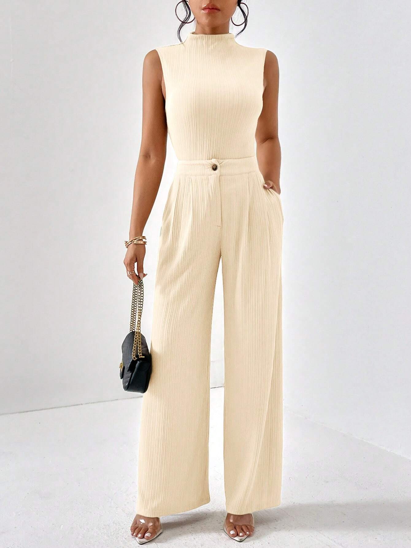 Turtle neck slim fit top and wide leg pants set