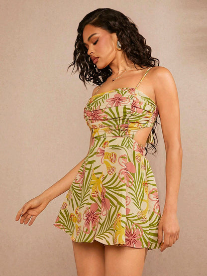 Tropical print cut out backless romper