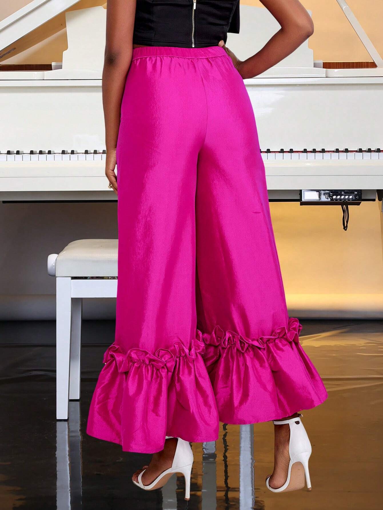 Ruffle trim loose wide leg pants