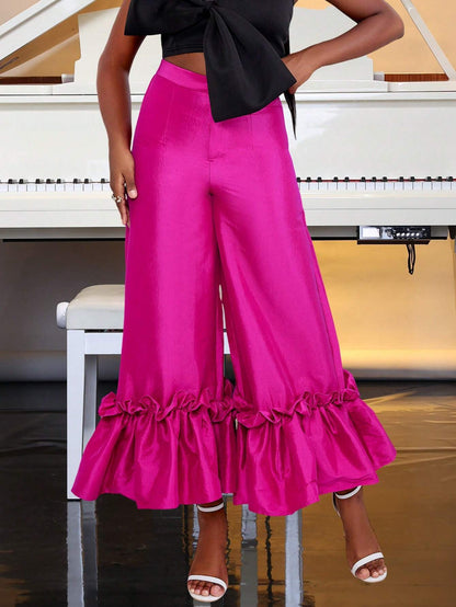 Ruffle trim loose wide leg pants