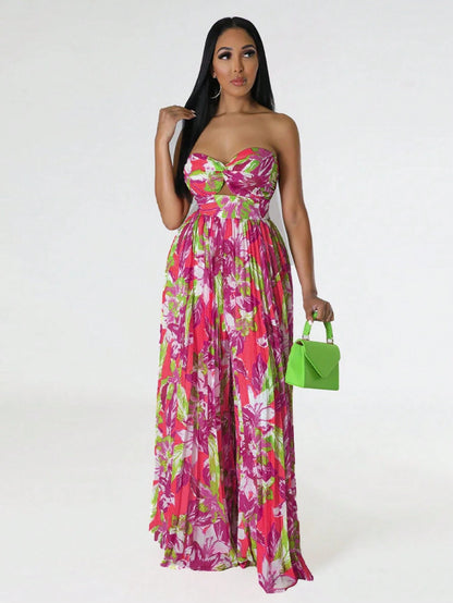 Pleated floral print wide leg jumpsuit