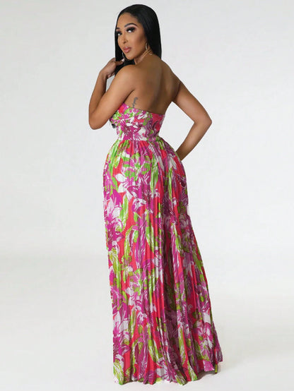 Pleated floral print wide leg jumpsuit