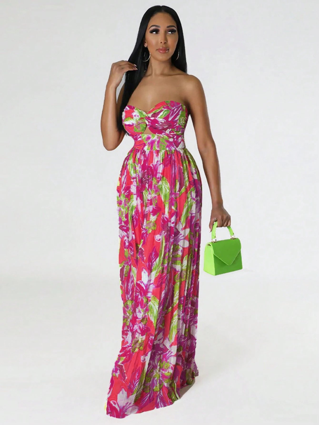 Pleated floral print wide leg jumpsuit