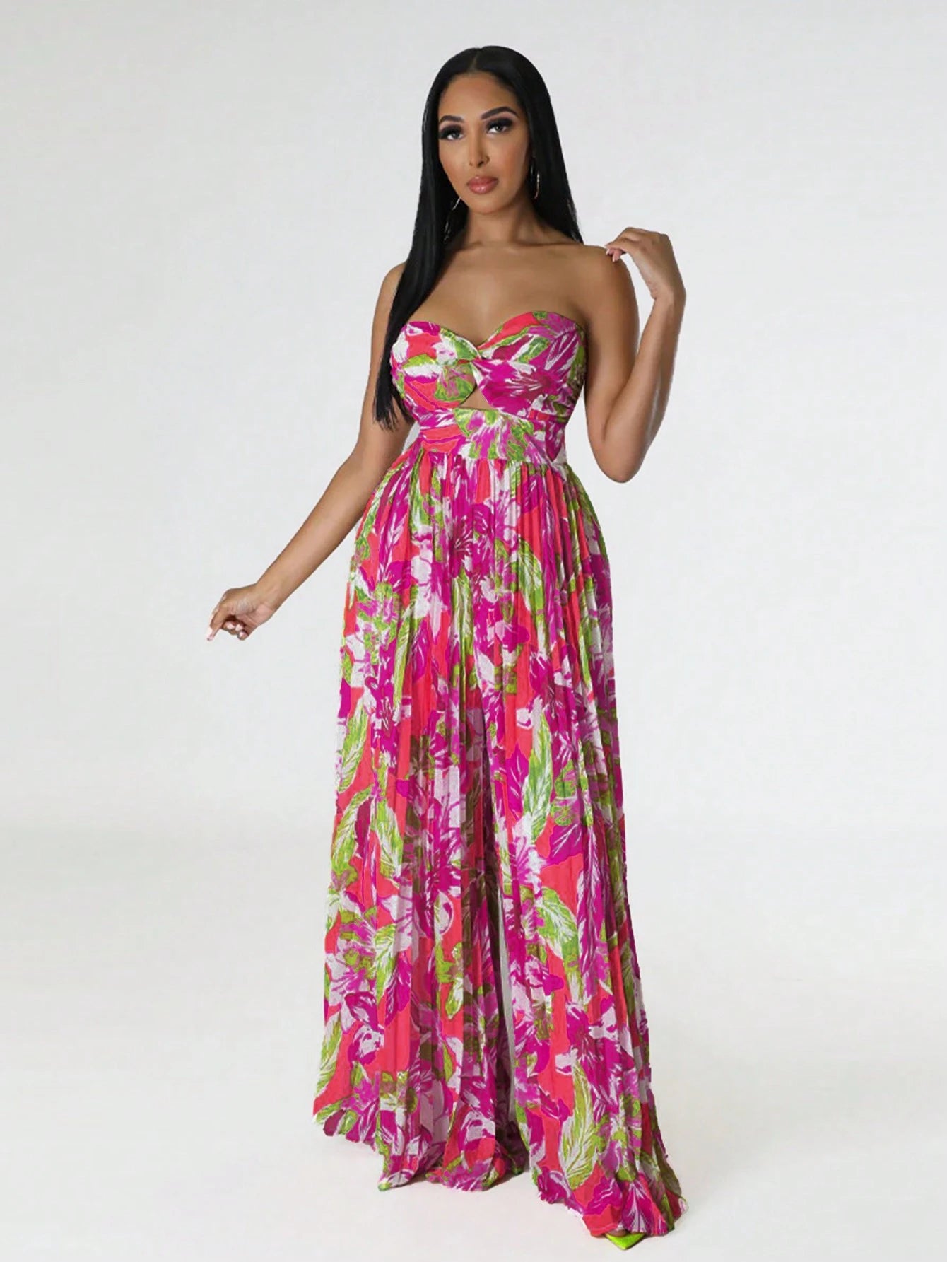 Pleated floral print wide leg jumpsuit