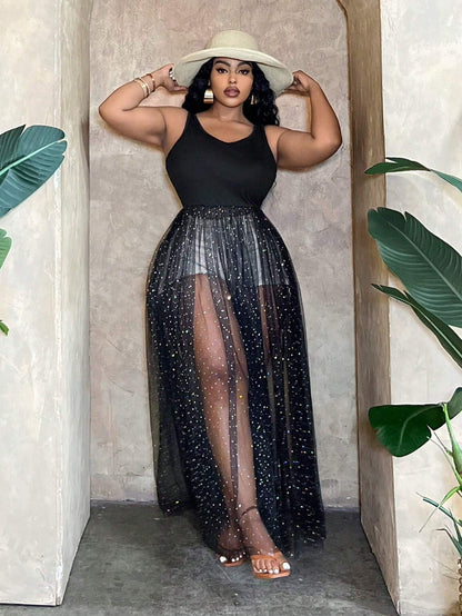 Plus-size sheer mesh long tank top