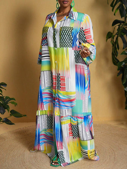 Plus sized printed long sleeved maxi loose dress