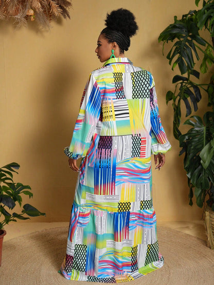 Plus sized printed long sleeved maxi loose dress