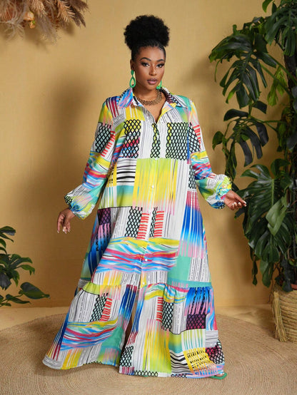 Plus sized printed long sleeved maxi loose dress