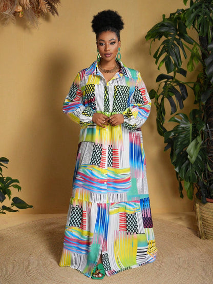 Plus sized printed long sleeved maxi loose dress