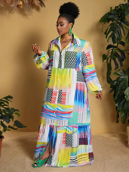 Plus sized printed long sleeved maxi loose dress