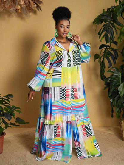 Plus sized printed long sleeved maxi loose dress