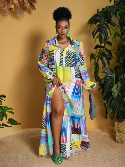 Plus sized printed long sleeved maxi loose dress