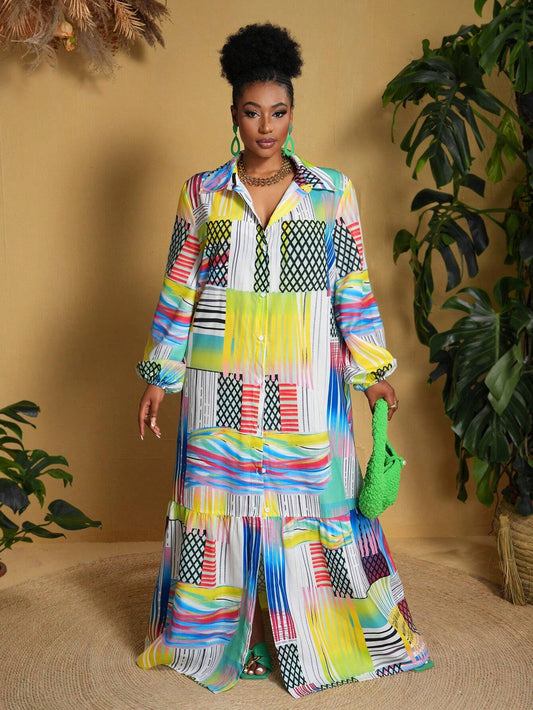 Plus sized printed long sleeved maxi loose dress