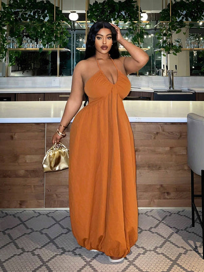 Plus-size halter neck loose maxi dress