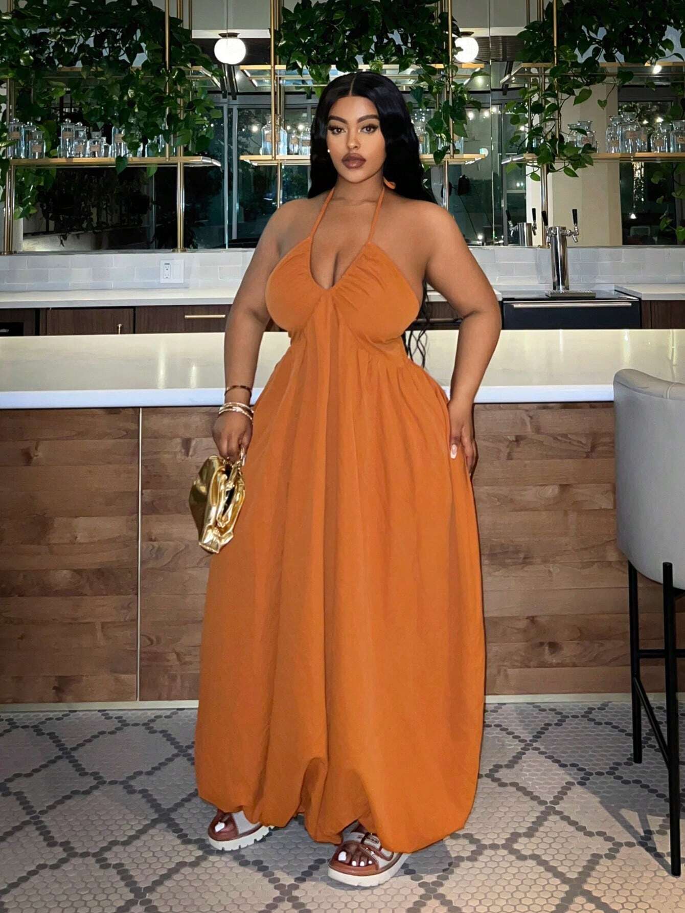 Plus-size halter neck loose maxi dress