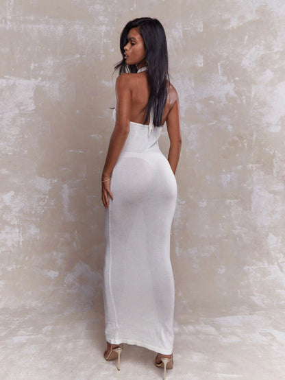 Sheer halter plunge neck maxi dress
