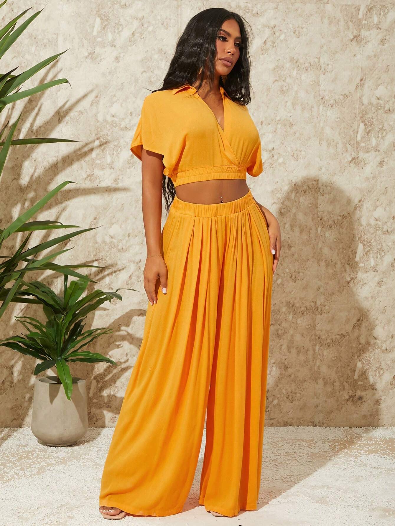 Batwing short sleeve shirt and wide leg pants