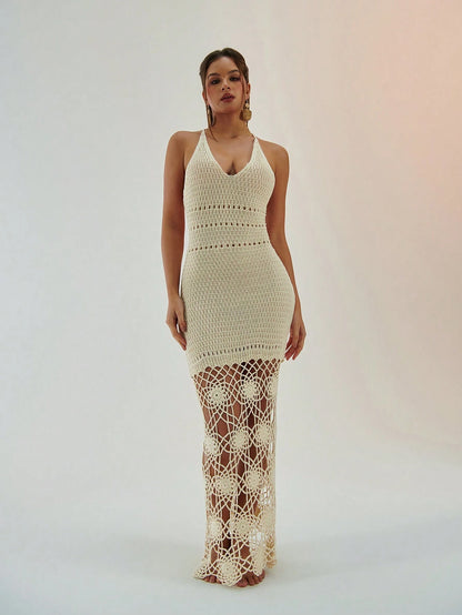 Lace-up backless crotchet dress