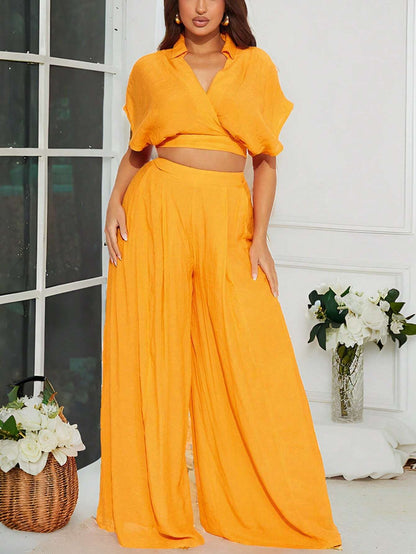 Batwing short sleeve shirt and wide leg pants