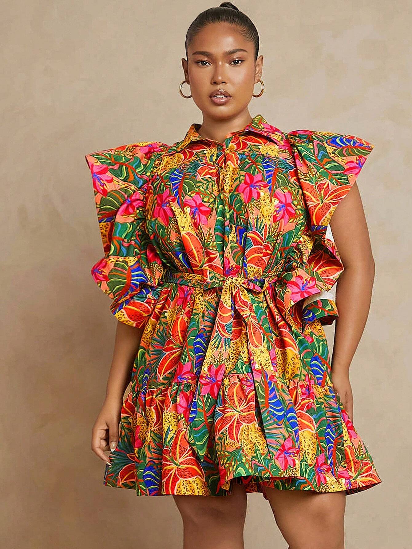 Tropical print puff sleeve dress